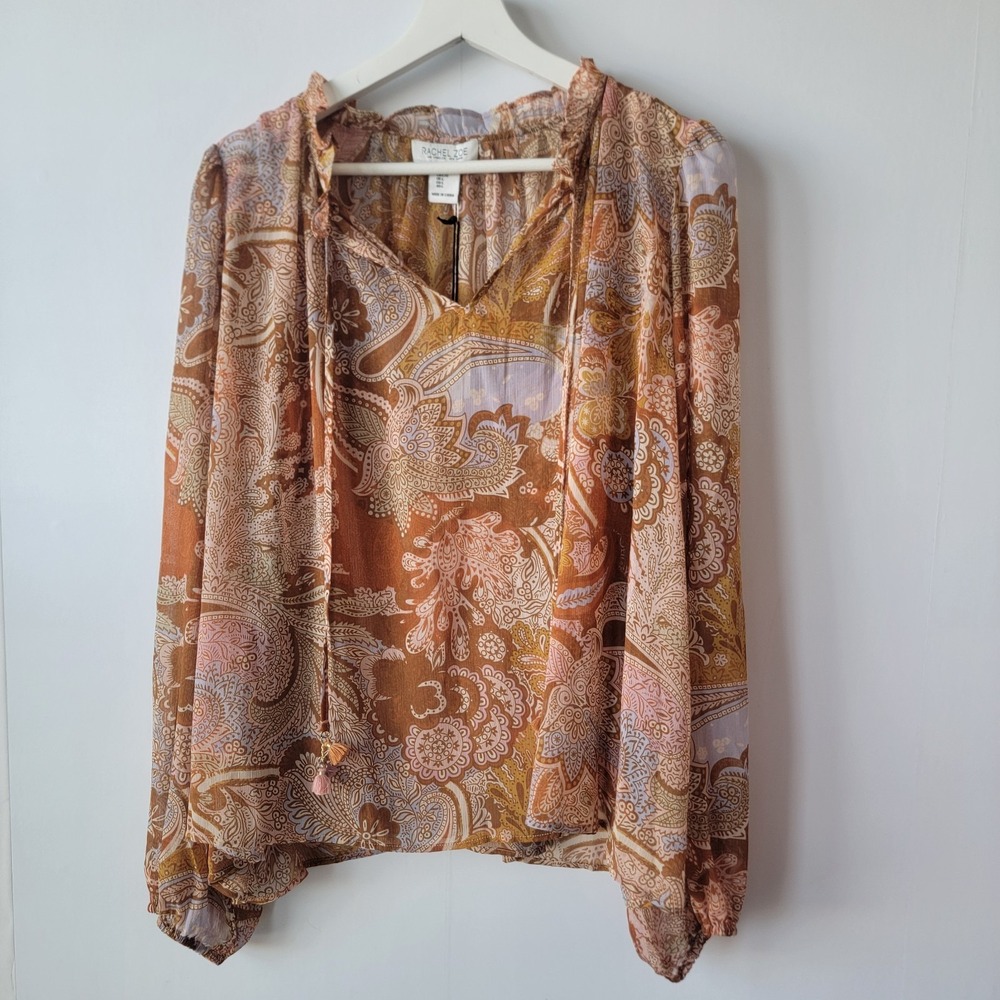 Rachel zoe women's tasseled Paisley Floral top size L Chiffon‎ Boho Cottagecore